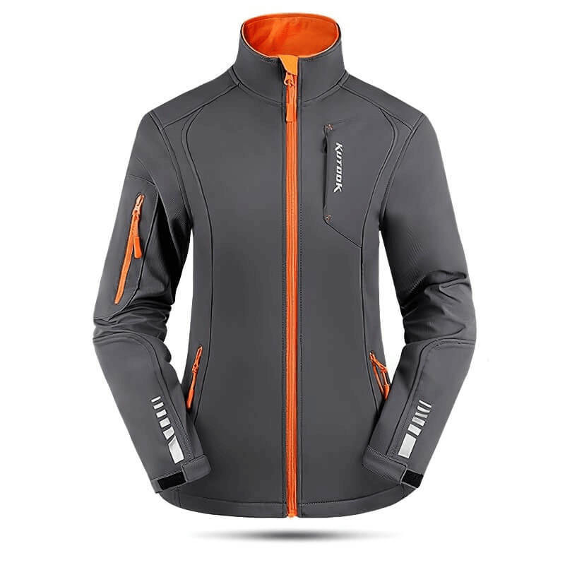 Women's warm windbreaker with zipper, gray fleece thermal jacket, waterproof, windproof, with mandarin collar and pockets - SF0150